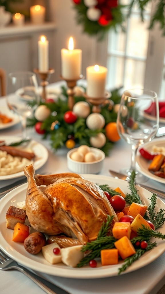 Romantic Christmas Dinner for Two Romantic Christmas dinner table with roast chicken, mashed potatoes, roasted vegetables, and festive decorations.